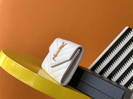 Y.S.L CASSANDRA MATELASS?? SMALLENVELOPE WALLET IN GRAIN DE POUDRE EMBOSSED LEATHER White Color Gold Tone Metal