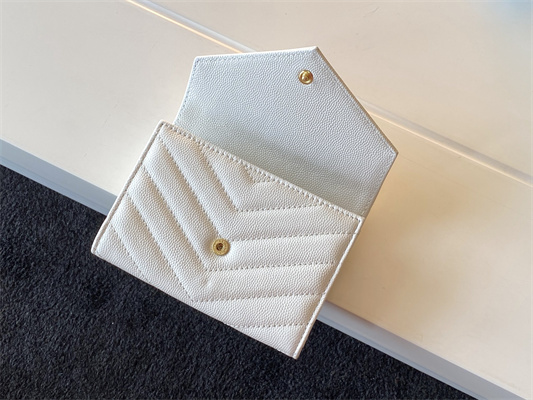 Y.S.L CASSANDRA MATELASS?? SMALLENVELOPE WALLET IN GRAIN DE POUDRE EMBOSSED LEATHER White Color Gold Tone Metal