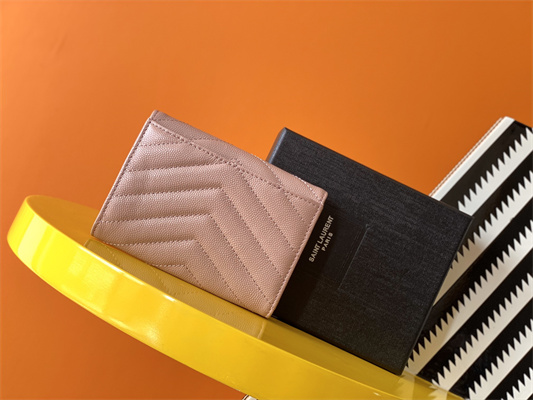 Y.S.L CASSANDRA MATELASS?? SMALL ENVELOPE WALLET IN GRAIN DE POUDRE EMBOSSED LEATHER Pink Color Gold Tone Metal