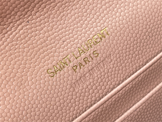 Y.S.L CASSANDRA MATELASS?? SMALL ENVELOPE WALLET IN GRAIN DE POUDRE EMBOSSED LEATHER Pink Color Gold Tone Metal