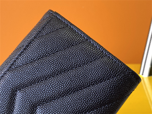 Y.S.L CASSANDRA MATELASS?? SMALL ENVELOPE WALLET IN GRAIN DE POUDRE EMBOSSED LEATHER Black Color Black Tone Metal