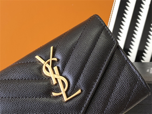 Y.S.L CASSANDRA MATELASS?? SMALL ENVELOPE WALLET IN GRAIN DE POUDRE EMBOSSED LEATHER Black Color Gold Tone Metal