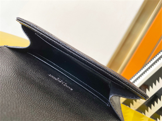 Y.S.L CASSANDRA MATELASS?? SMALL ENVELOPE WALLET IN GRAIN DE POUDRE EMBOSSED LEATHER Black Color Silver Tone Metal