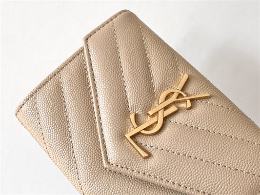 Y.S.L CASSANDRA MATELASS?? SMALL ENVELOPE WALLET IN GRAIN DE POUDRE EMBOSSED LEATHER Beige Color Gold Tone Metal