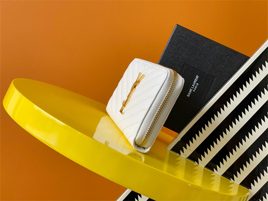 Y.S.L CASSANDRA MATELASS?? ZIP AROUND WALLET IN GRAIN DE POUDRE EMBOSSED LEATHER White Color Gold Tone Metal