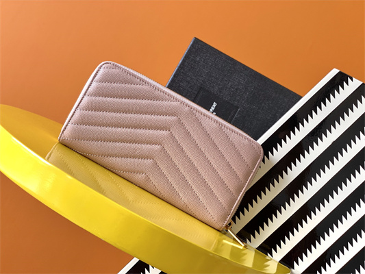 Y.S.L CASSANDRA MATELASS?? ZIP AROUND WALLET IN GRAIN DE POUDRE EMBOSSED LEATHER Pink Color Gold Tone Metal