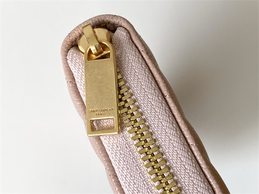 Y.S.L CASSANDRA MATELASS?? ZIP AROUND WALLET IN GRAIN DE POUDRE EMBOSSED LEATHER Pink Color Gold Tone Metal