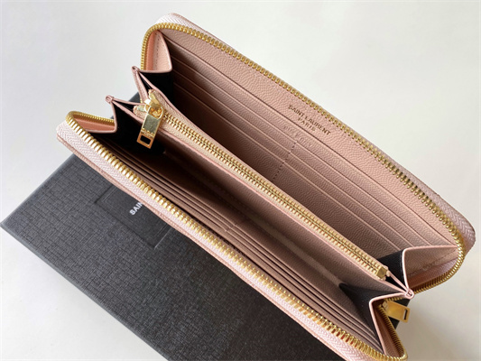 Y.S.L CASSANDRA MATELASS?? ZIP AROUND WALLET IN GRAIN DE POUDRE EMBOSSED LEATHER Pink Color Gold Tone Metal