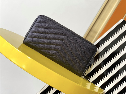 Y.S.L CASSANDRA MATELASS?? ZIP AROUND WALLET IN GRAIN DE POUDRE EMBOSSED LEATHER Black Color Black Tone Metal