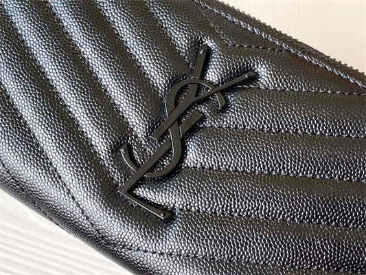 Y.S.L CASSANDRA MATELASS?? ZIP AROUND WALLET IN GRAIN DE POUDRE EMBOSSED LEATHER Black Color Black Tone Metal