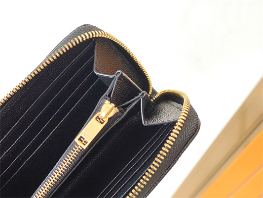 Y.S.L CASSANDRA MATELASS?? ZIP AROUND WALLET IN GRAIN DE POUDRE EMBOSSED LEATHER Black Color Gold Tone Metal