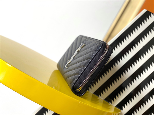 Y.S.L CASSANDRA MATELASS?? ZIP AROUND WALLET IN GRAIN DE POUDRE EMBOSSED LEATHER Black Color Silver Tone Metal