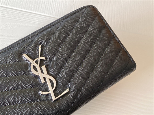 Y.S.L CASSANDRA MATELASS?? ZIP AROUND WALLET IN GRAIN DE POUDRE EMBOSSED LEATHER Black Color Silver Tone Metal