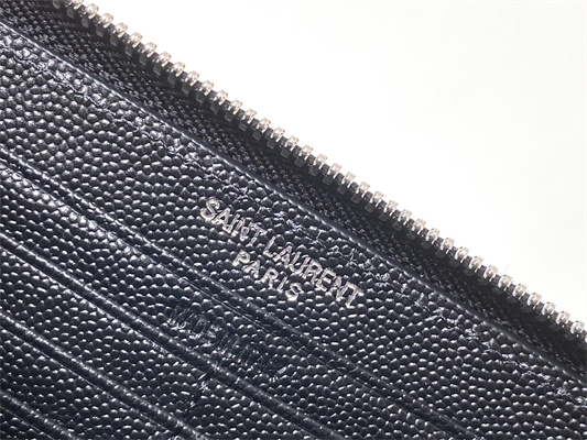 Y.S.L CASSANDRA MATELASS?? ZIP AROUND WALLET IN GRAIN DE POUDRE EMBOSSED LEATHER Black Color Silver Tone Metal