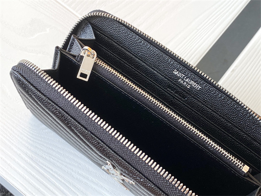 Y.S.L CASSANDRA MATELASS?? ZIP AROUND WALLET IN GRAIN DE POUDRE EMBOSSED LEATHER Black Color Silver Tone Metal