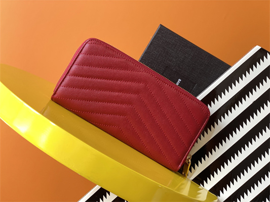 Y.S.L CASSANDRA MATELASS?? ZIP AROUND WALLET IN GRAIN DE POUDRE EMBOSSED LEATHER Red Color Gold Tone Metal