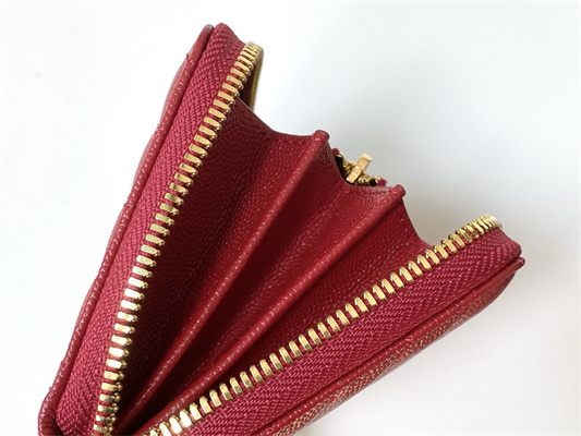 Y.S.L CASSANDRA MATELASS?? ZIP AROUND WALLET IN GRAIN DE POUDRE EMBOSSED LEATHER Red Color Gold Tone Metal