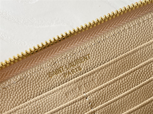 Y.S.L CASSANDRA MATELASS?? ZIP AROUND WALLET IN GRAIN DE POUDRE EMBOSSED LEATHER Beige Color Gold Tone Metal