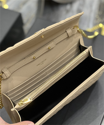 Y.S.L CASSANDRA CHAIN WALLET IN QUILTED LEATHER Beige Color Gold Tone Metal