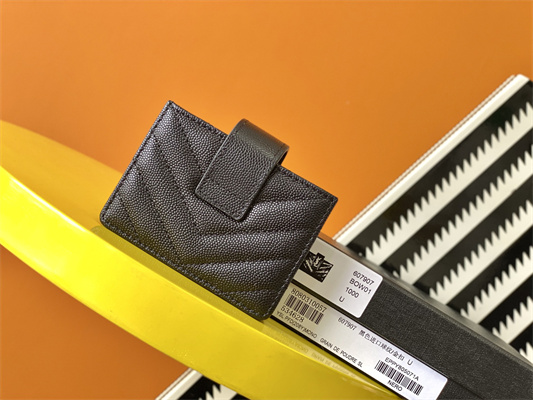 Y.S.L MONOGRAM BUSINESS CARD CASE IN GRAIN DE POUDRE EMBOSSED LEATHER Black Color Gold Tone Metal