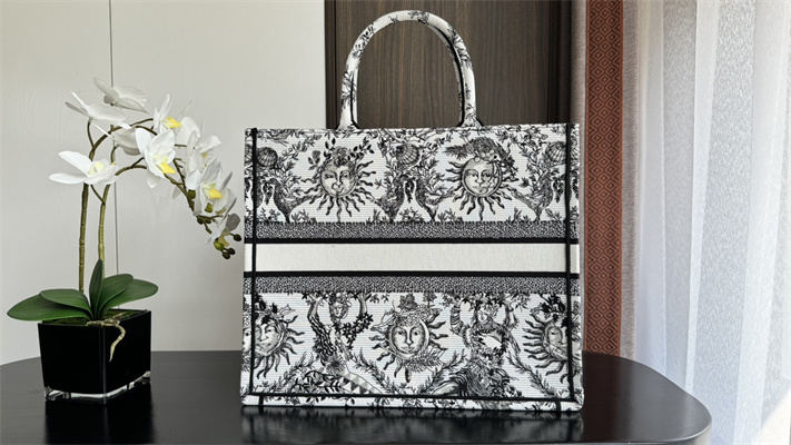CD Large Book Tote White and Black Toile de Jouy Solei Embroidery