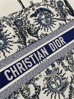CD Large Book Tote White and Navy Toile de Jouy Solei Embroidery