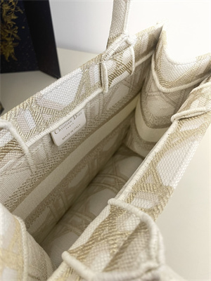 CD Small Book Tote White and Gold Tone Macrocannage Embroidery