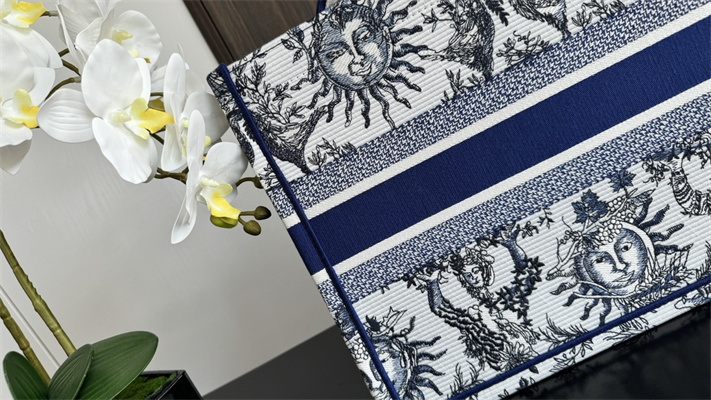CD Medium Book Tote White and Navy Toile de Jouy Solei Embroidery