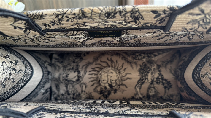 CD Medium Book Tote Beige and Black Toile de Jouy Solei Embroidery