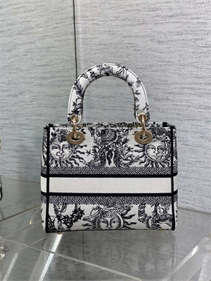 CD Medium Lady Di.or D-Lite Bag White and Black Toile de Jouy Solei Embroidery