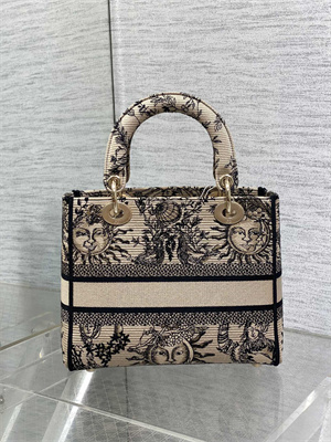 CD Medium Lady Di.or D-Lite Bag Beige and Black Toile de Jouy Solei Embroidery