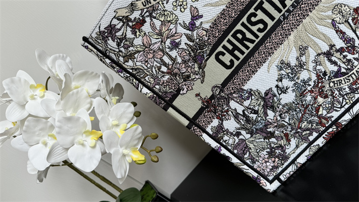 CD Large Book Tote Ecru Multicolor Di.or 4 Saisons Hiver Soleil Embroidery