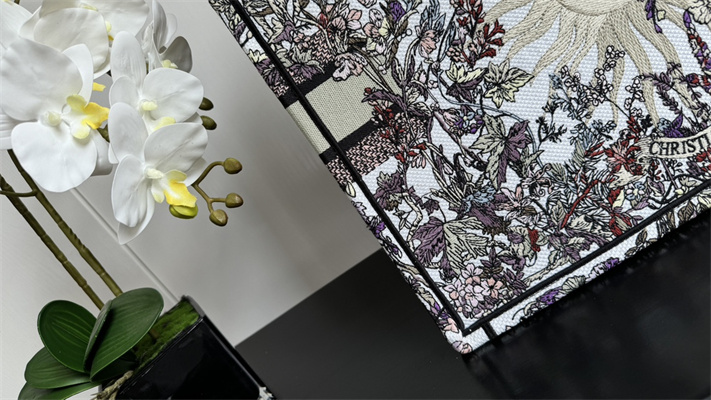 CD Large Book Tote Ecru Multicolor Di.or 4 Saisons Hiver Soleil Embroidery