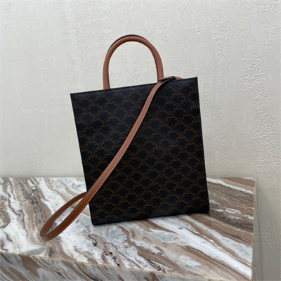 Ce**e small vertical cabas in triomphe canvas and calfskin with Ce**e print tan