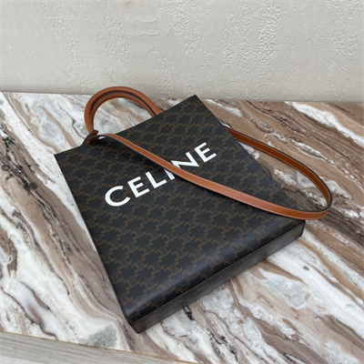 Ce**e small vertical cabas in triomphe canvas and calfskin with Ce**e print tan