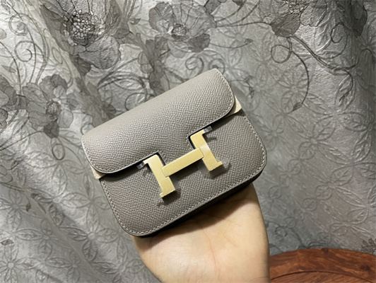 Constance SLIM Wallet With Strap Epsom Leather Gold Tone Metal In Grey Color HS
