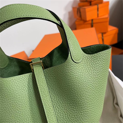 Picotin Lock Bag Togo Leather 18/22CM Gold/Silver Tone Metal In Vert Criquet Color HS