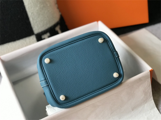 Picotin Lock Bag Togo Leather 18/22CM Gold/Silver Tone Metal In Blue Jean Color HS