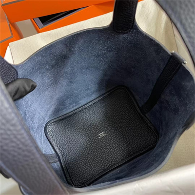 Picotin Lock Bag Togo Leather 18/22CM Gold/Silver Tone Metal In Bleu Nuit Color HS