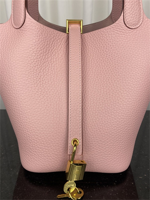 Picotin Lock Bag Taurillon Clemence Leather 18/22CM Gold/Silver Tone Metal In Rose Sakura Color HS