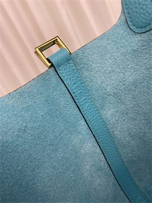 Picotin Lock Bag Taurillon Clemence Leather 18/22CM Gold/Silver Tone Metal In Bleu Du Nord Color HS