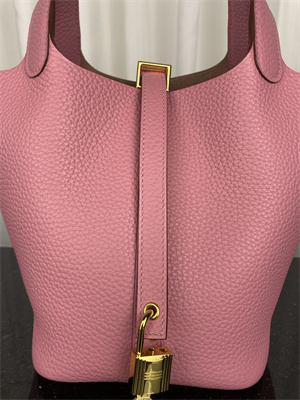 Picotin Lock Bag Taurillon Clemence Leather 18/22CM Gold/Silver Tone Metal In Pink Color HS