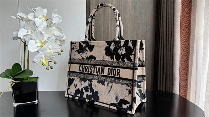 CD Medium Book Tote Beige and Black Fleurs Mystiques Embroidery