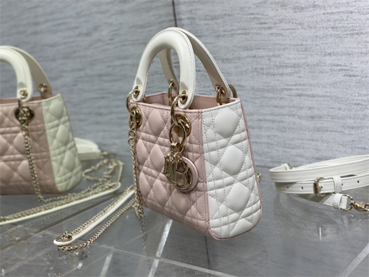 cd mini lady D*or bag two tones cannage lambskin gold tone metal pink and latte