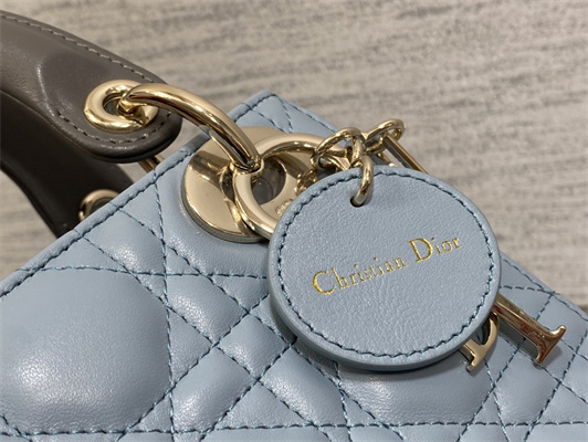 cd mini lady D*or bag two tones cannage lambskin gold tone metal blue and grey