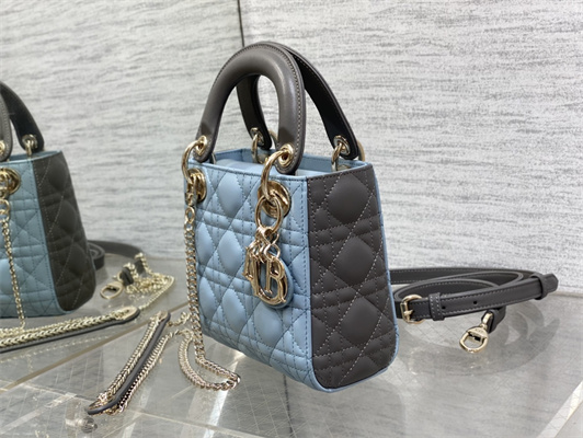 cd mini lady D*or bag two tones cannage lambskin gold tone metal blue and grey