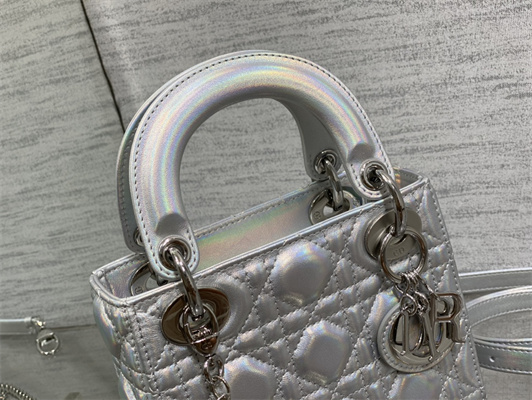 cd mini lady D*or bag cannage lambskin iridescent metallic silver tone