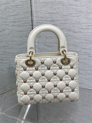 CD Small Lady Di.or Bag Cannage Lambskin With Gold Finish Butterfly Studs White