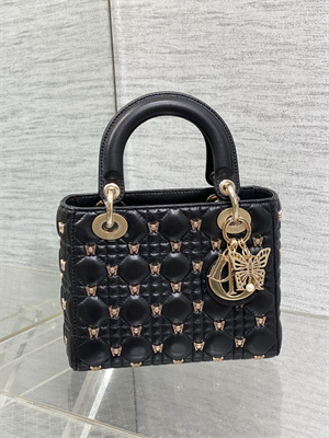 CD Small Lady Di.or Bag Cannage Lambskin With Gold Finish Butterfly Studs Black