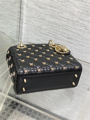 CD Small Lady Di.or Bag Cannage Lambskin With Gold Finish Butterfly Studs Black